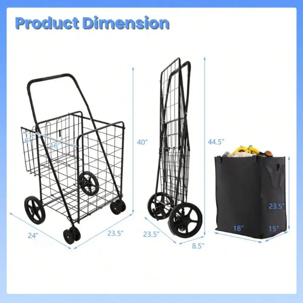 Folding Shopping Cart Utility Double Basket Grocery Cart w/ Waterproof Liner