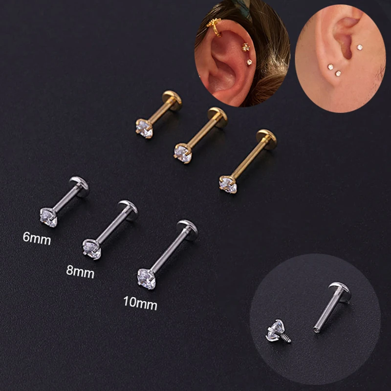 2 Stuks Roestvrij Staal Piercing Traguss Stud Crystal Labret Kleine Oor Stud Helix Kraakbeen Oorbel Voor Vrouwen Piercing Lichaam Sieraden