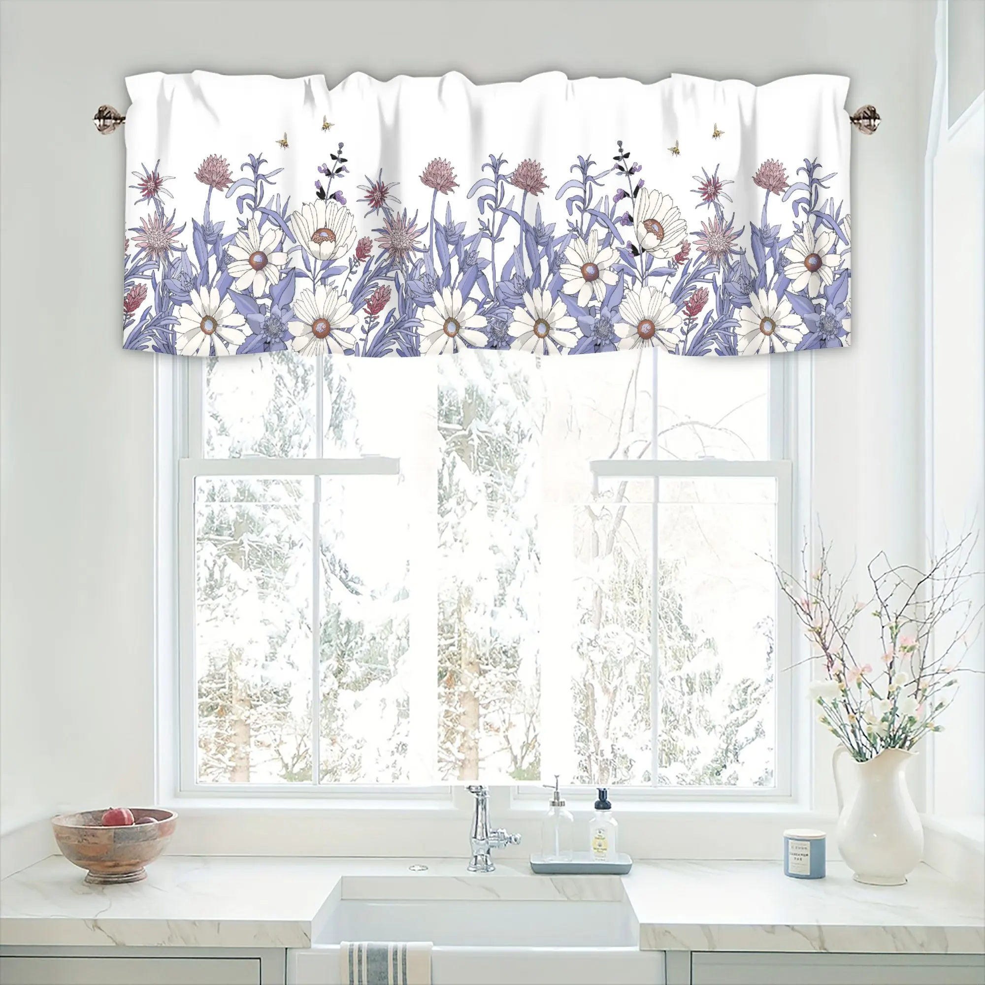 Spring Valance for Windows Kitchen Living Room Valances Rod Pocket Bathroom Small Window Treatment Floral Vintage Flower