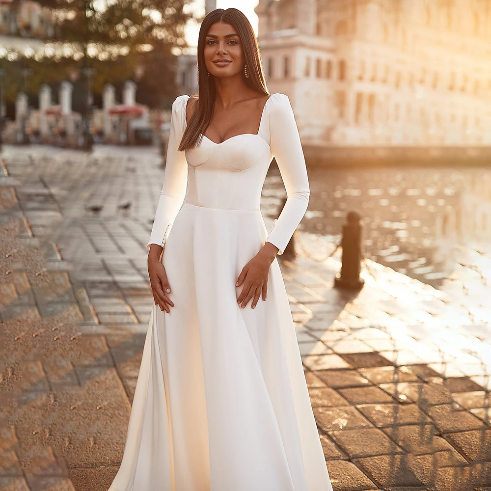 Robe De Mariée en Satin doux pour femmes, Simple, décolleté en cœur, manches longues, dos nu, traîne, ligne A, 2023