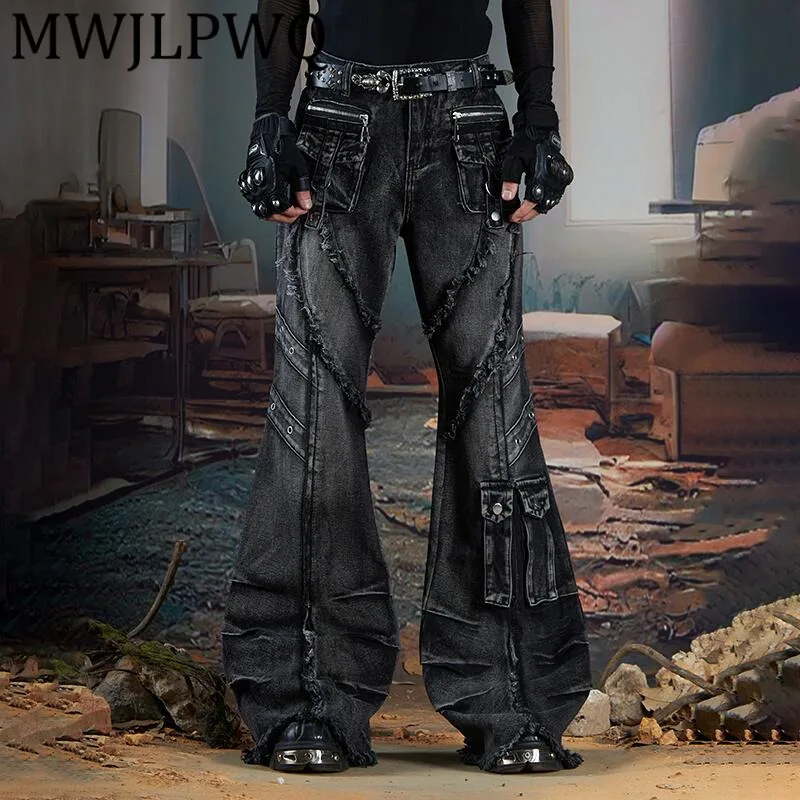 

MWJLPWQ Мужские темные джинсы с потертостями и плиссировкой High Street, расклешенные брюки с несколькими карманами в стиле пэчворк 11941