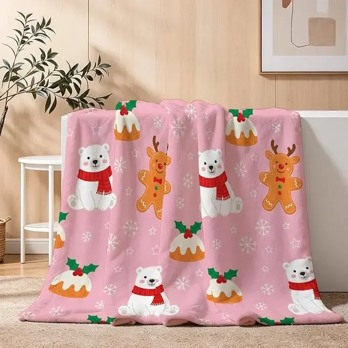 Christmas Digital Print Flannel Throw Blanket Thick Warm for Sofa Couch Home Office Lunch Break Air Conditioner Use