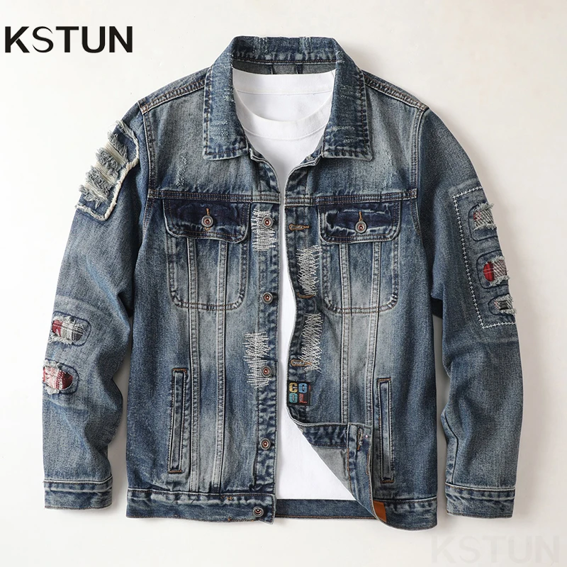 

KSTUN Fall new American retro men's denim jacket personalized hole embroidery splicing trend loose jacket long-sleeved coats