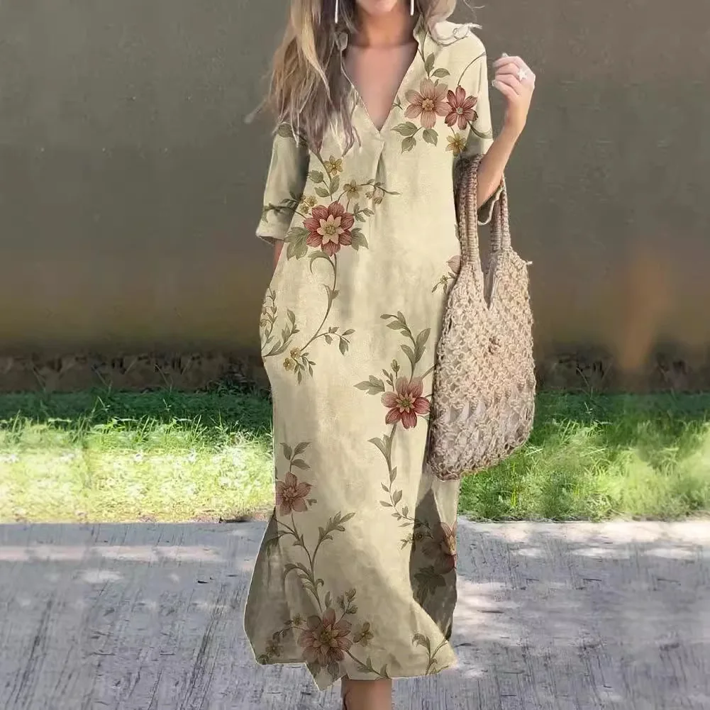 

2025 Summer Women's Dress V-neck Loose High Waist Slit Fashion Flower 7-point Sleeve Vacation Long Skirt