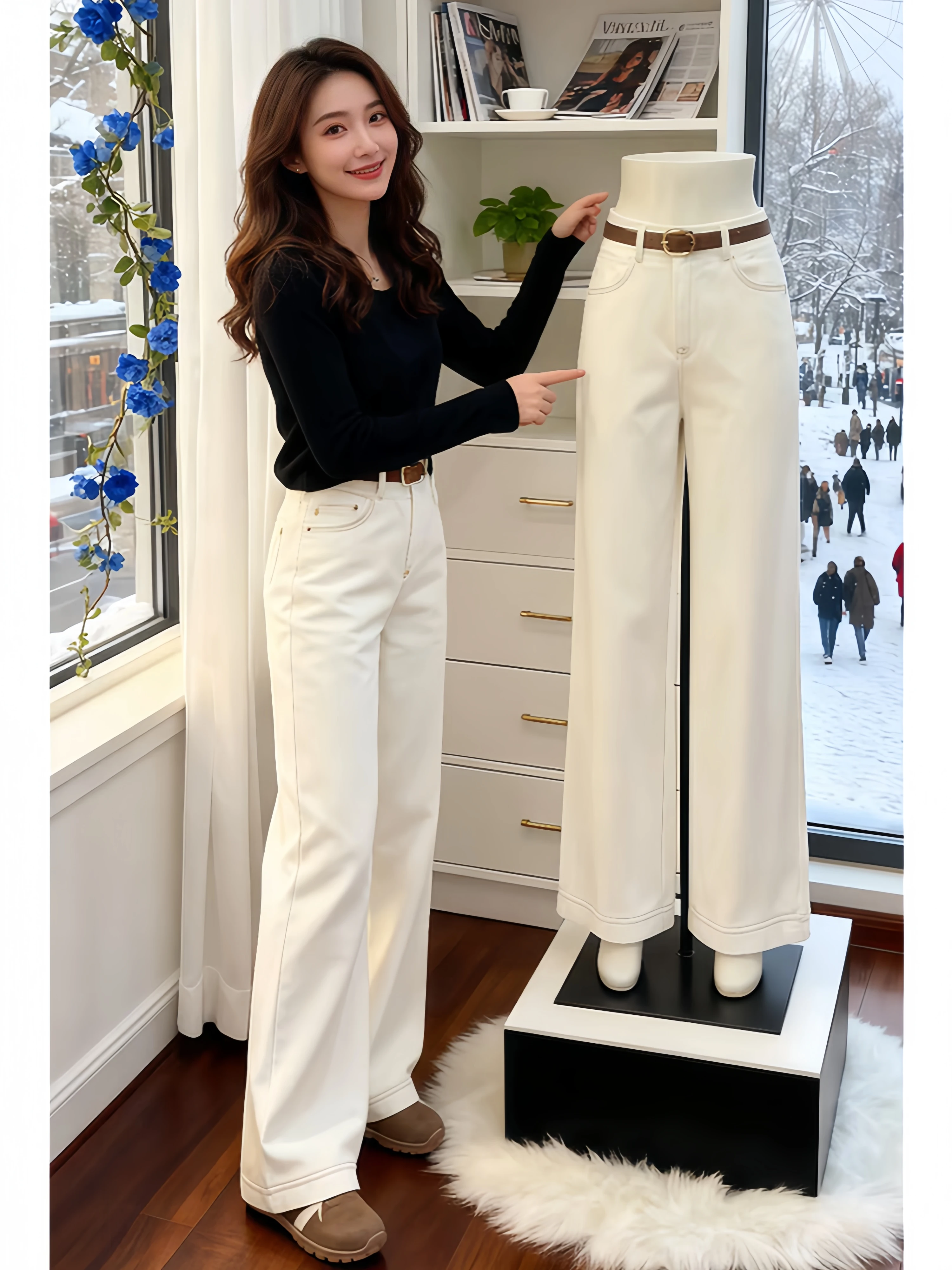 

High Waist Wide Leg Jeans Women's Loose Casual Pants Belted Autumn Winter New Style Small Size Slimming Jeans in Beige