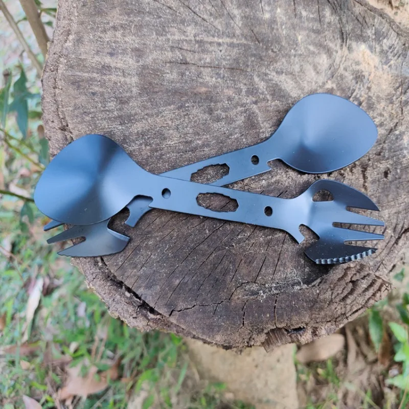 Ao ar livre de aço inoxidável multi-funcional garfo colher talheres combinação abridor de garrafa arpão acampamento equipamentos sobrevivência edc