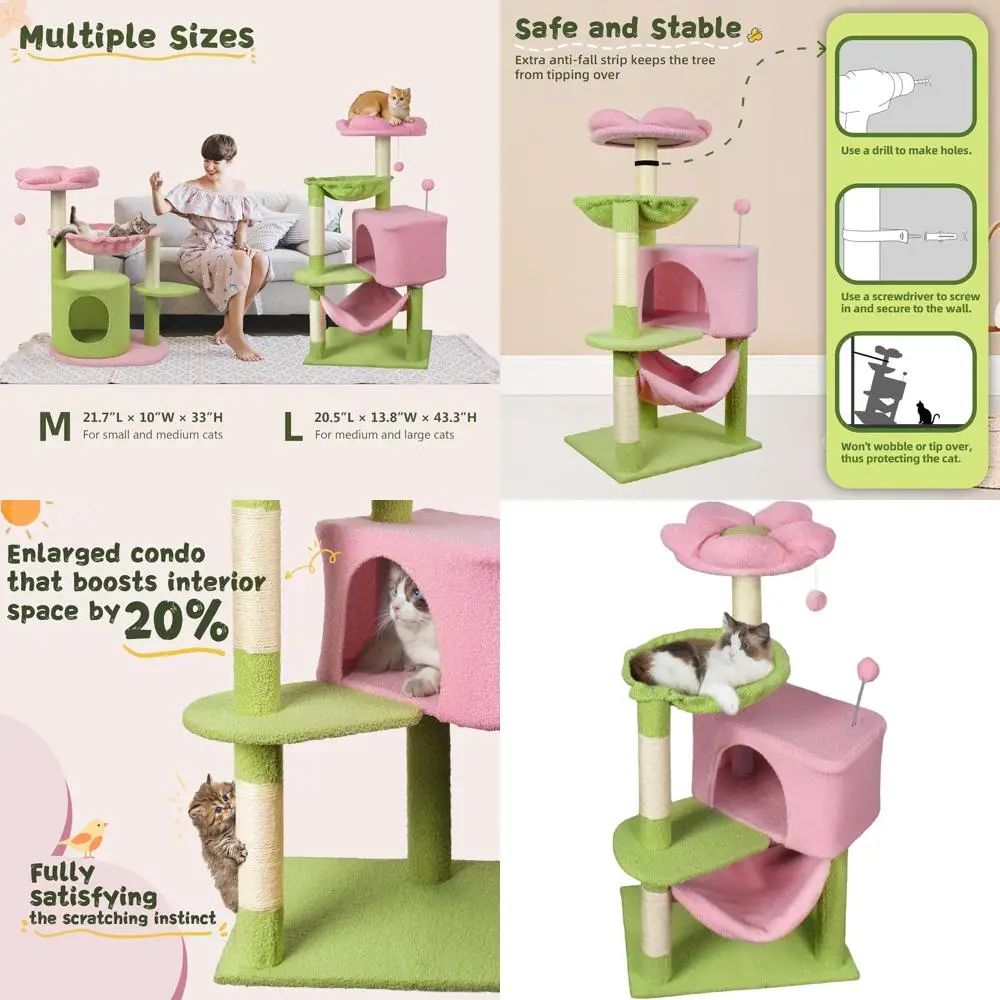 

43-inch Pink Flower-Themed Cat Tree with Swinging Toys and High Perch for Kittens and Adult Cats