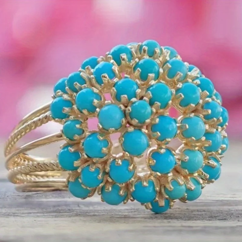 Vintage Inlaid Blue Stone Women's Ring Ethnic Gold Color Geometry Hollow Daily Wear Party Jewelry Anniversary Gift