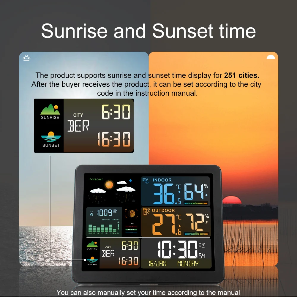 FJ3566M Smart Weather Station Indoor Outdoor Temperature Humidity Meter Gauge Large Color Screen Display with 1 Sensor
