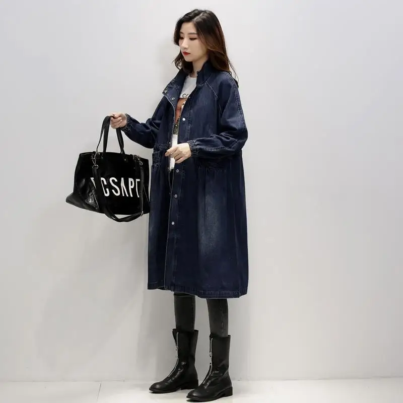 

2022 New Autumn Spring Denim Women Jacket Coat Full Sleeves Vintage Windbreaker Mid Long Jean Cowboy Outerwear Female Tops R2442