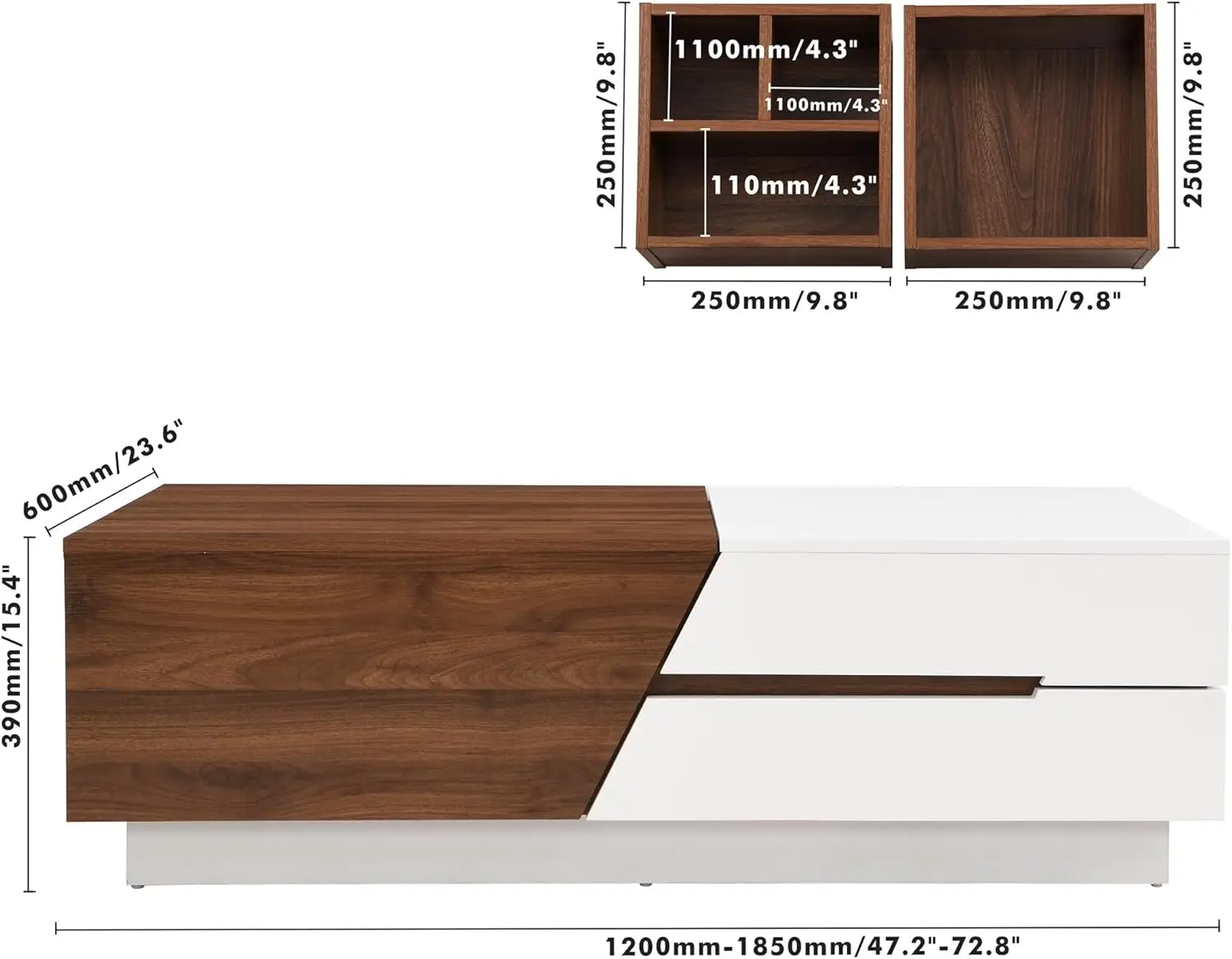 LZ LEISURE ZONE Coffee Table, Extendable Sliding Top Coffee Table with Storage, Modern Unique Rectangle Storage Coffee Tables