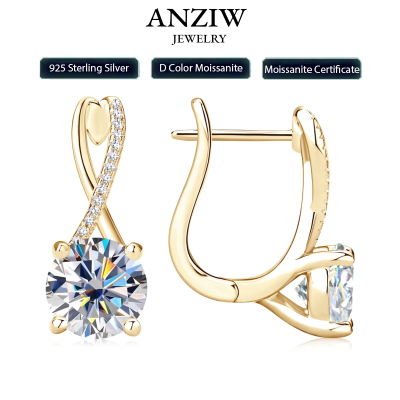 Anziw D2.0CT Moissanite Drop Huggie Earrings Real 925 Silver Women Gold Plated Hoops Infinite Earring Certified Wedding Jewelry