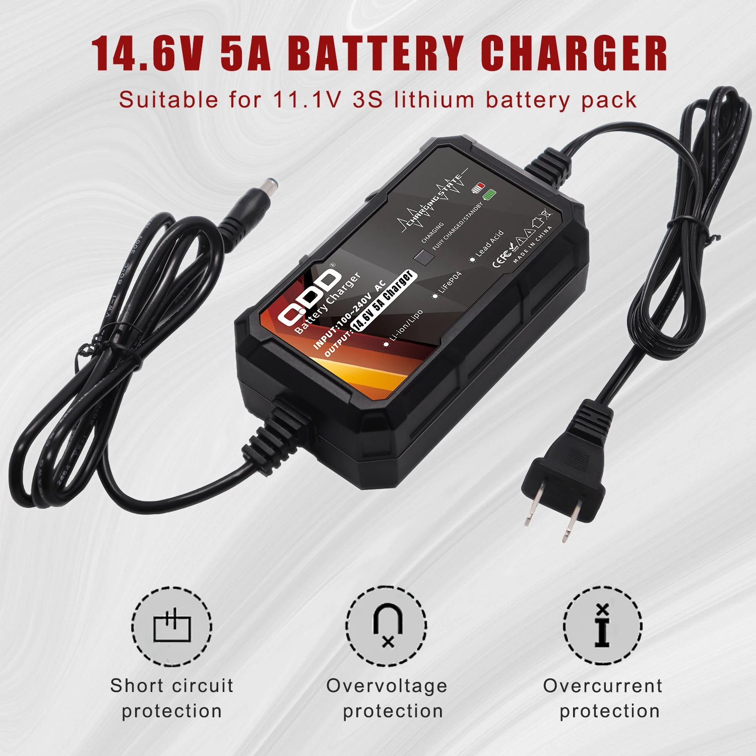 14.6V 5A LiFePO4 Battery Charger, Smart 14.6V Chargers for 12.8V 4S Lithium Iron Phosphate Rechargeable Batteries with connector