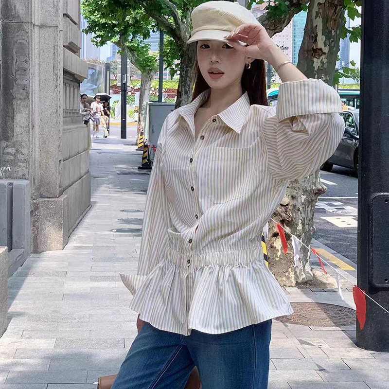 

Striped Ruffle Women Shirt Spring Fall Long Sleeve Sweet Preppy Button Chic Blouse Student Casual Folds All Match Female Tops