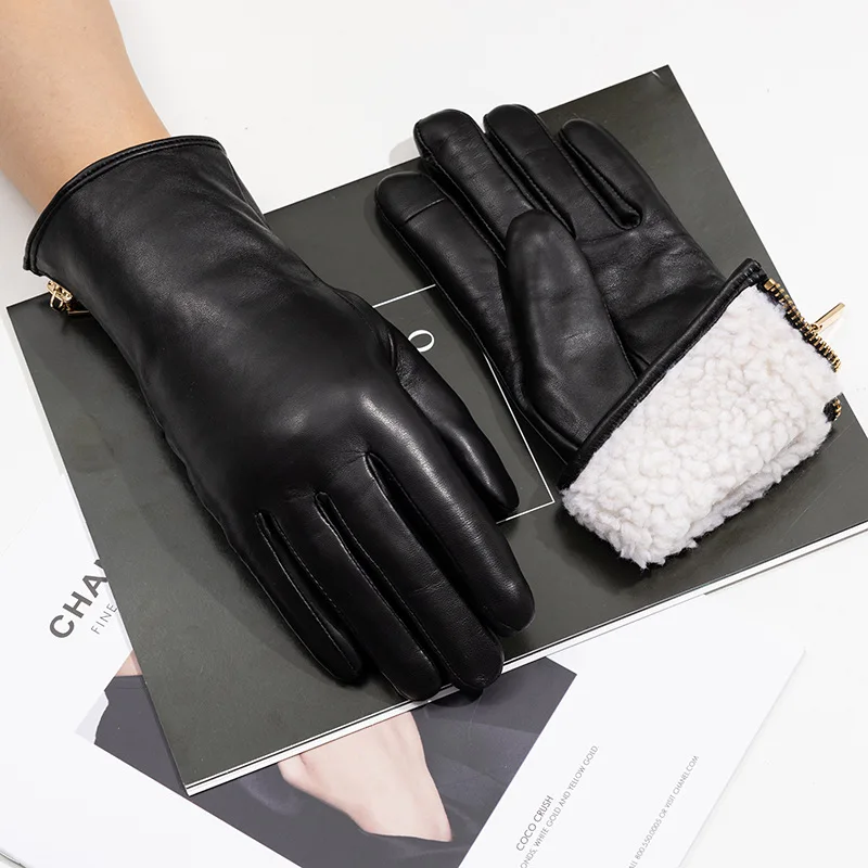 New Women's Sheepskin Gloves Faux Lamb Fur Warm Velvet Lining Driving Gloves Fashion Zipper