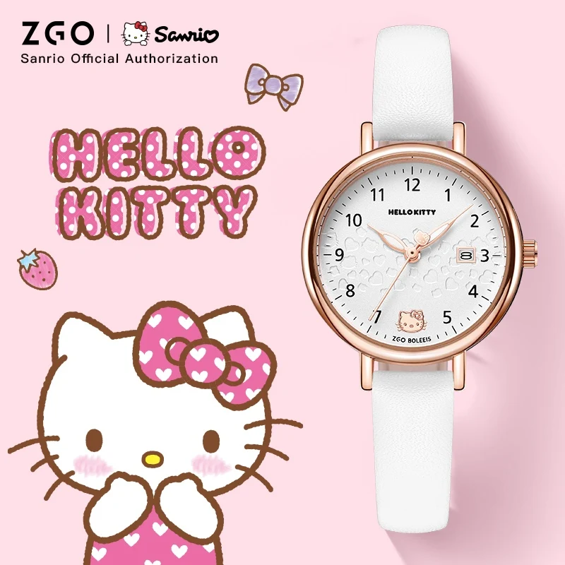 ZGO X Sanrio Hello Kitty jam tangan anak perempuan, jam tangan siswa tali kulit kalender tahan air kuarsa kotak hadiah 270