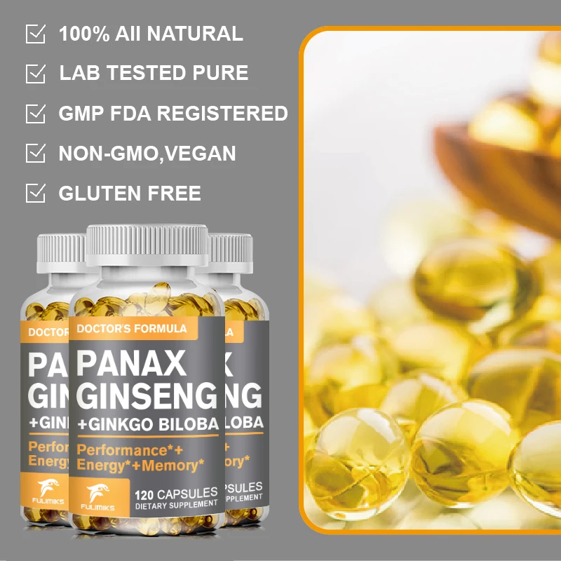 Vegan Korean Red Panax Ginseng with Ginkgo Biloba Capsules High Potency for Male Natural Health Supplement - Non-GMO-Gluten-free