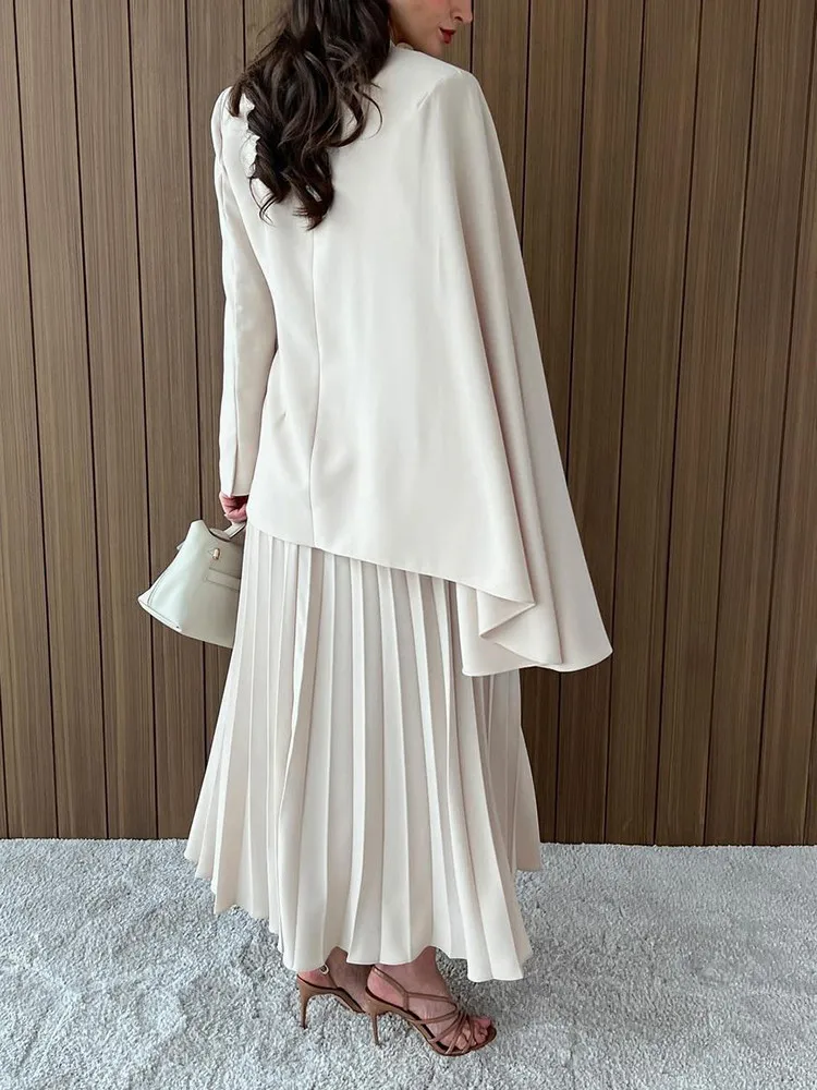 TWOTWINSTYLE Chic Two Piece Set For Women Notched Collar Long Sleeve Irregular Top High Waist A Line Skirt Elegant Sets Female