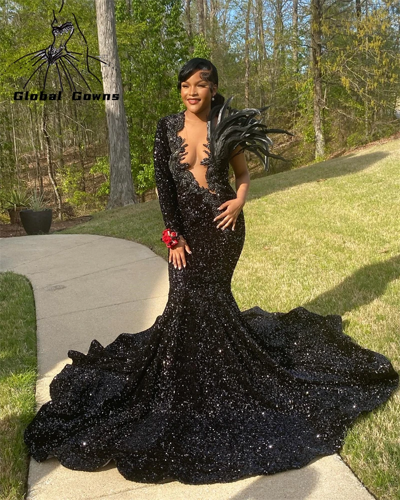 Black O Neck Sequined Long Prom Dresses Bead Crystal 2024 Birthday Luxury Dress Feather Evening Dresses With One Sleeve Back Out