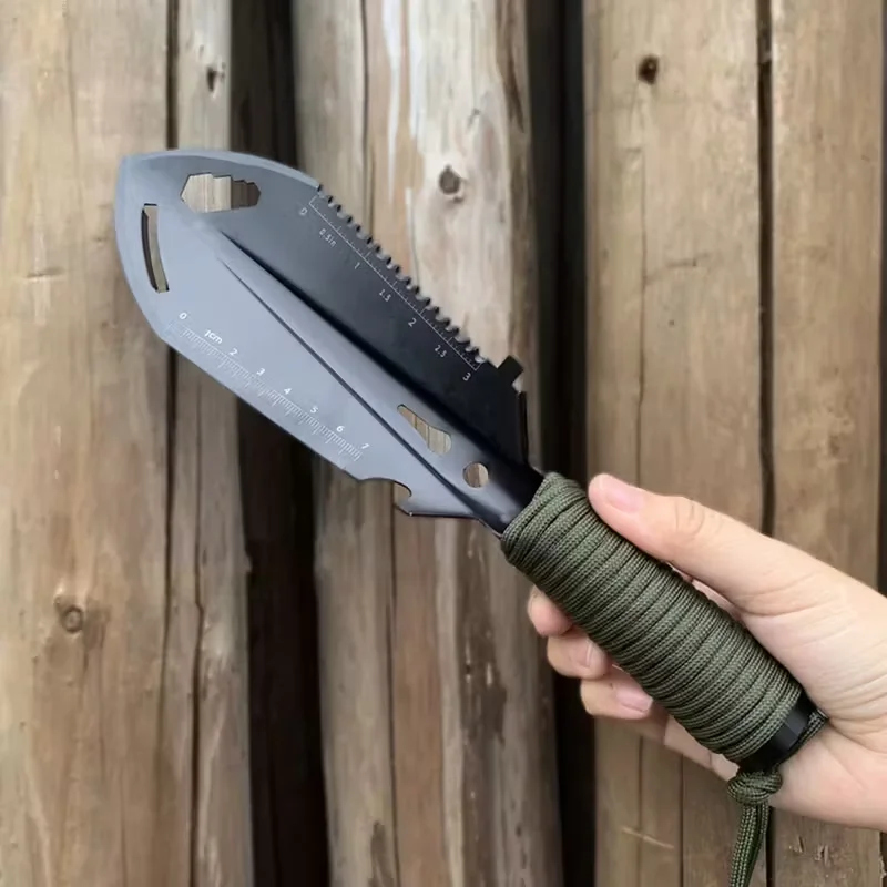 8-in-1 Multi-Purpose Camping Shovel - Heavy-Duty Metal Survival Tool with Serrated Edge, Ergonomic Handle & Carabiner Clip