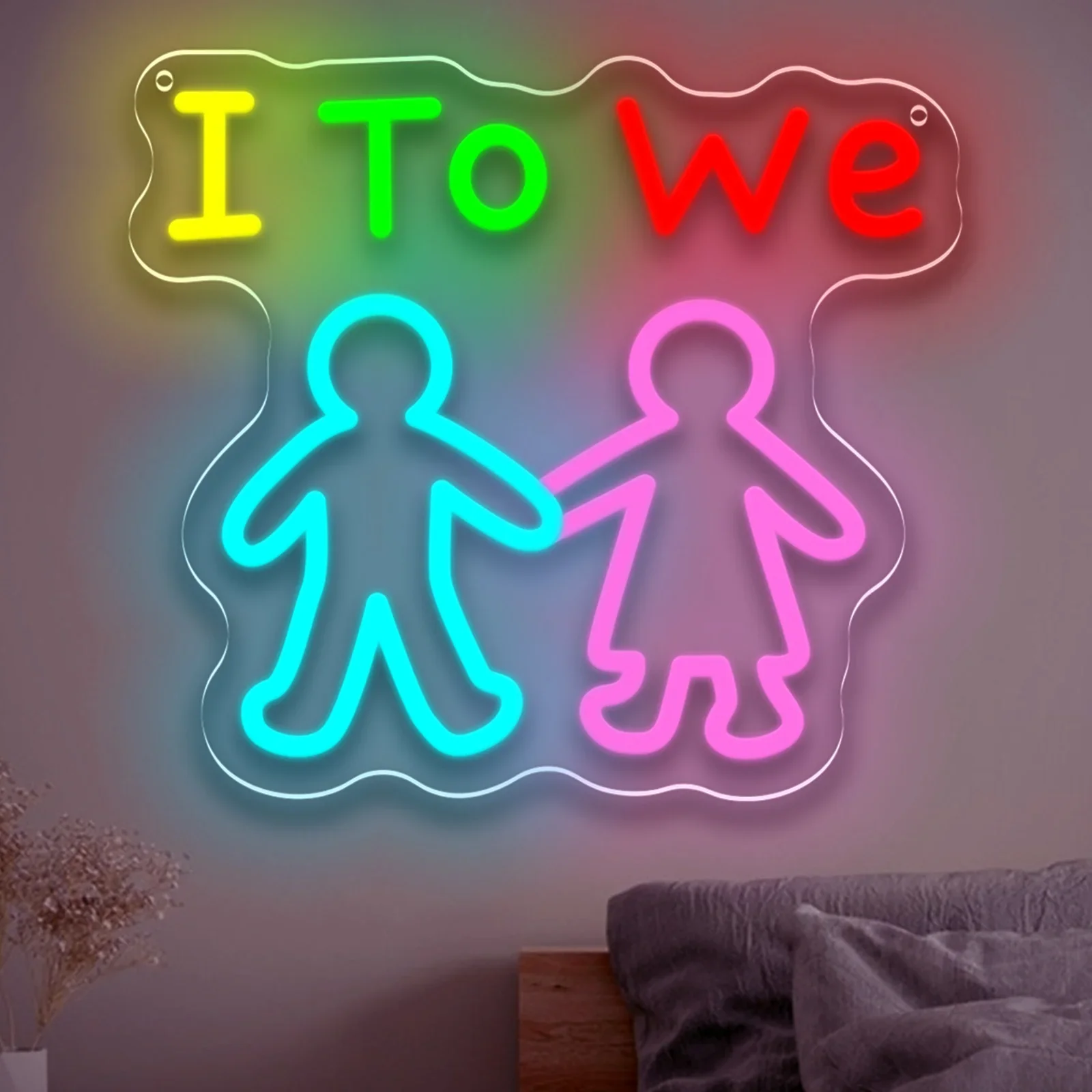 I To We Couple Neon Sign Colorful LED Wall Art Acrylic USB Dimmable Hanging Light Love Decoration for Bedroom Party Gift