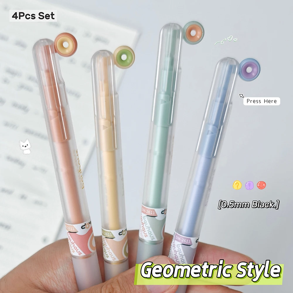 4 Pcs Geometric Minimalist Style Gel Pen Set 0.5mm Black Quick-Dry Pens Soft Color Series Writing Pens For Study and Office Use