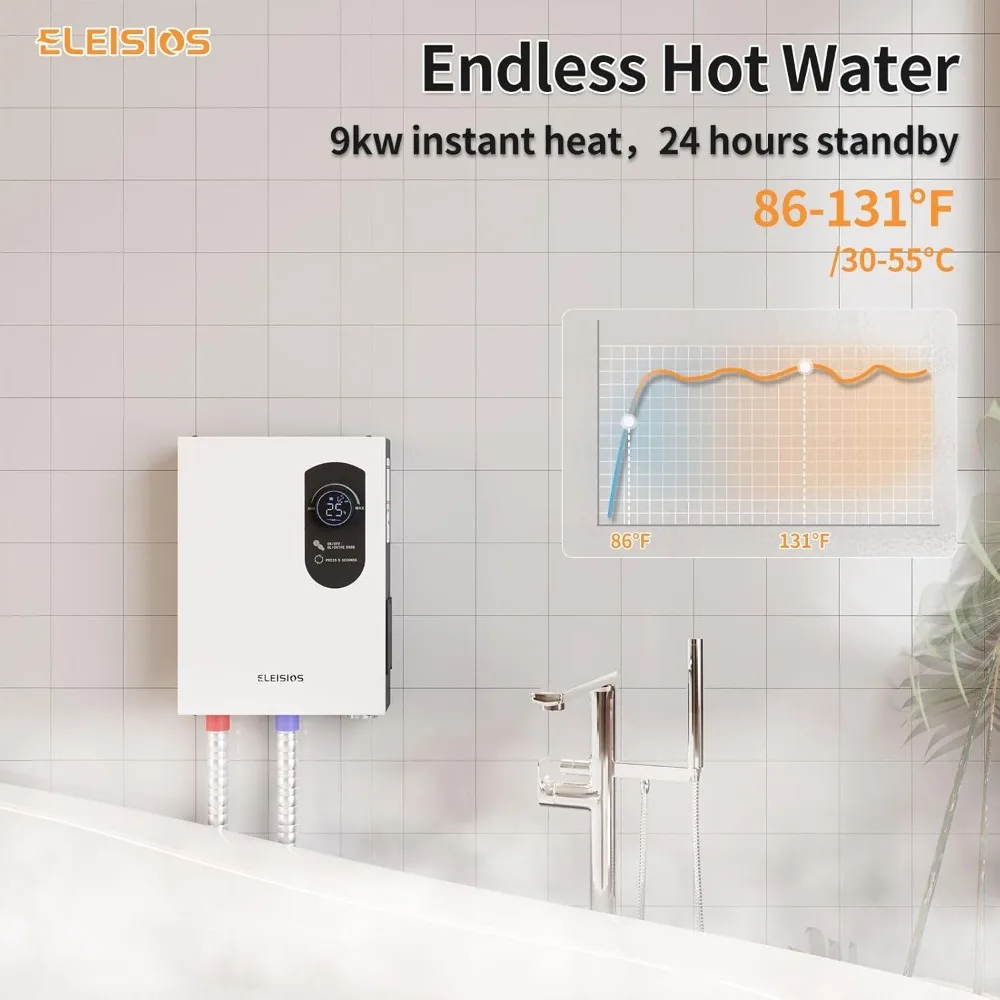 Electric Tankless Water Heater,9kw Self-Modulating Instant Water Heater With Digital Display,240v Water heater for Shower,White