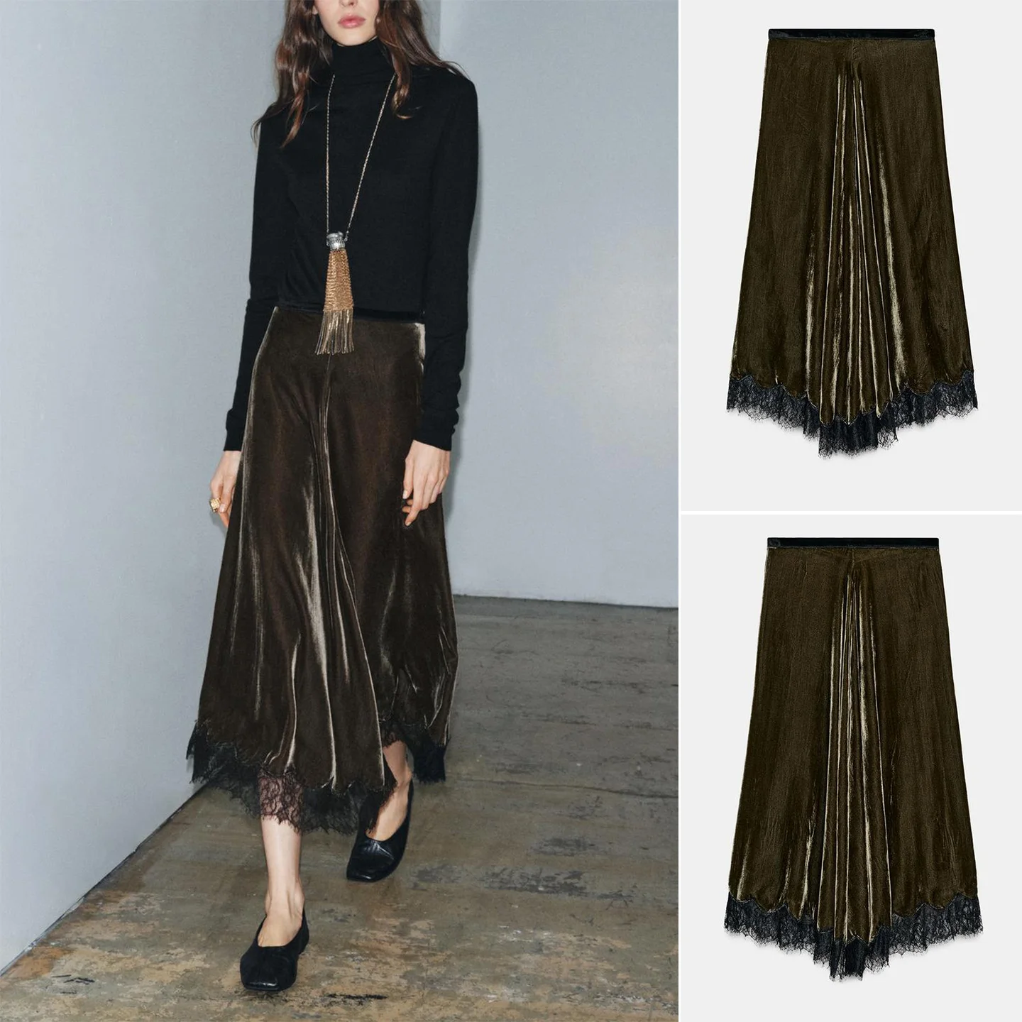 

Autumn Winter High Waist Midi Skirt Ladies Briti Sle Lace Splicing Color Blo High Waist A-Line Skirt Polyester Fiber