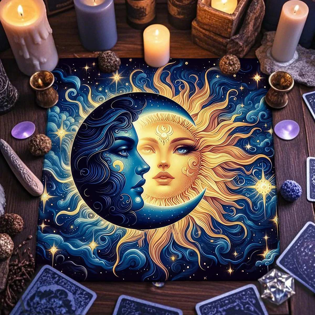 Blue Sun & Moon Tarot Card Tablecloth Decorative Altar Cloth Altar Decor For Divination Ritual Cloth Card Game Pad Tarot Mat