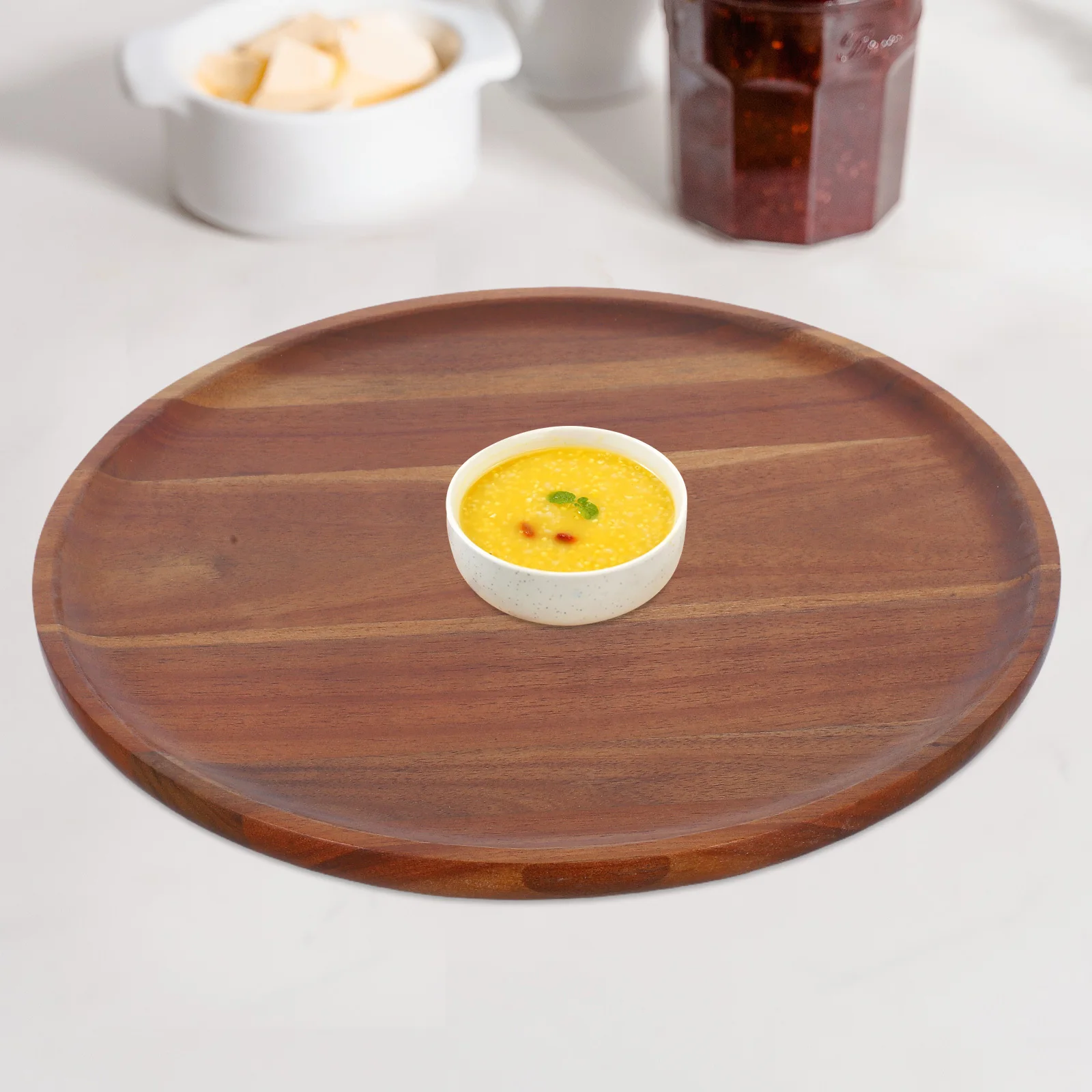 

Round Wooden Serving Tray Solid Wood Rustic Fruit Snack Plate Multipurpose Dessert Salad Pastry Cake Board for Kitchen Dining
