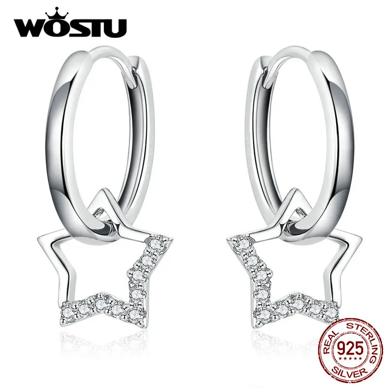 WOSTU 925 Sterling Silver Star Hoop Earrings For Women Double Layer Shiny Zircon Wedding Drop Earring  Pendientes Party Gift