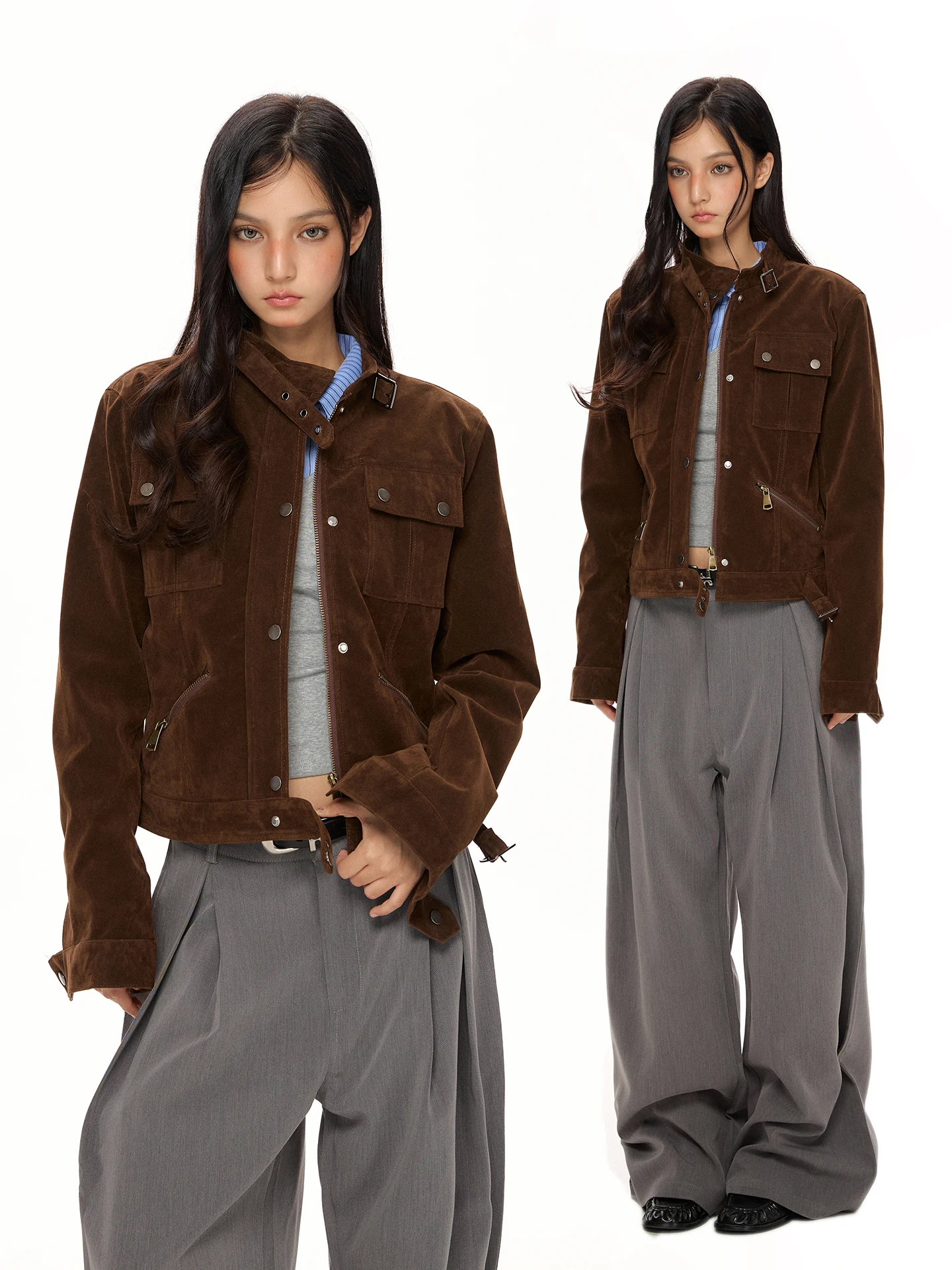 Kurtka damska w stylu retro, amerykańska, vintage, ze sztucznej skóry, wielowarstwowa, robocza, z ozdobnym zamkiem błyskawicznym na ramieniu.