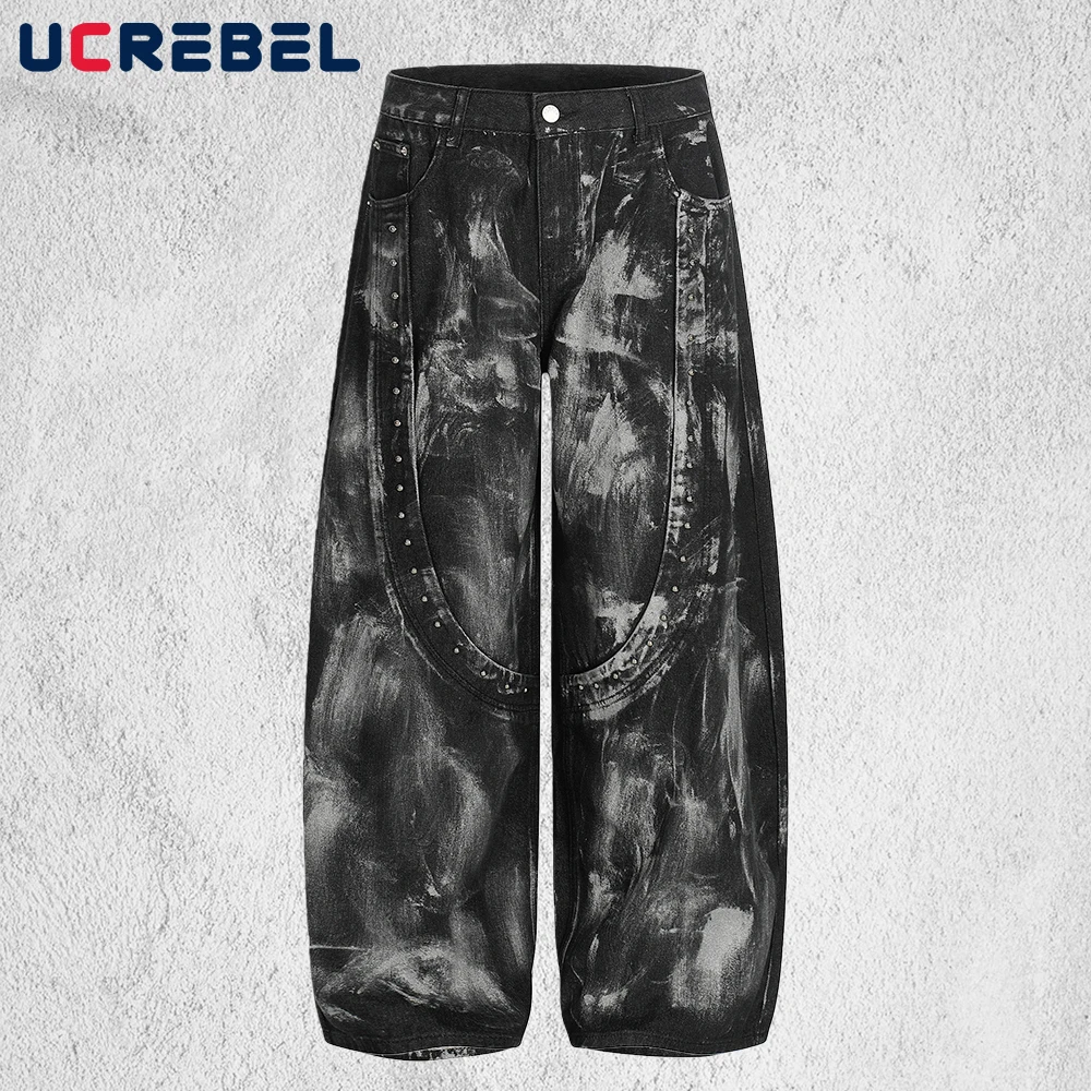 

Мужские джинсы-бананы с декоративными вставками и бисером, в стиле ретро, с эффектом потертости, широкие, свободного кроя, из денима