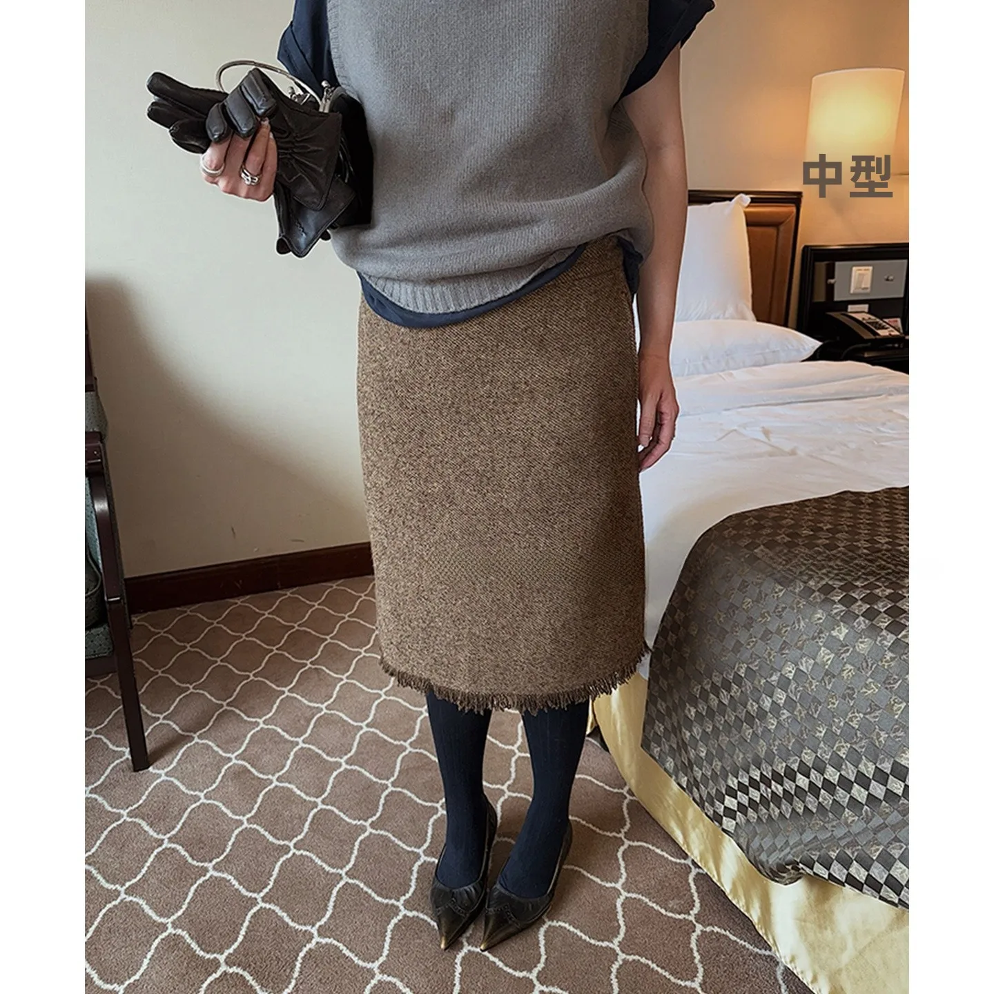 

Winter New Women's Woolen f Skirt with Knit s Straight Thiened Mid-Length Casual High Waist ey Versatile Skirt