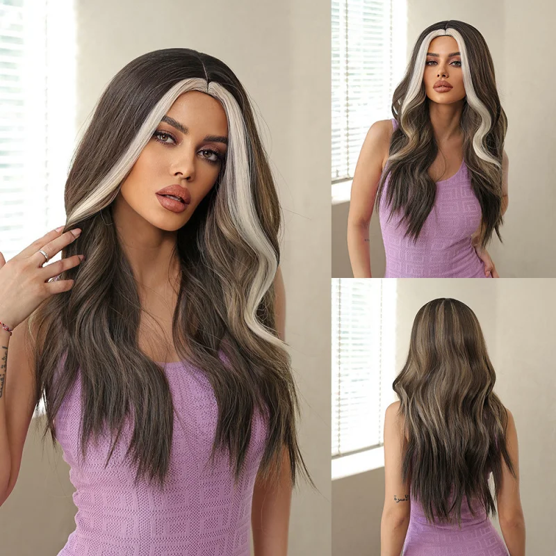 New black-brown highlighted wig for women middle-parted, large wavy long curly hair full head cover