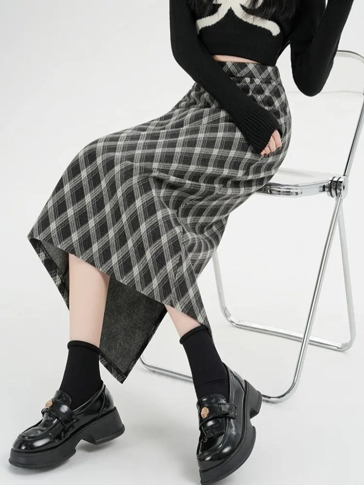 Hoge taille A-lijn rechte wollen rok Koreaanse Sle dames herfst winter geruite f-lengte rok met Ba Split