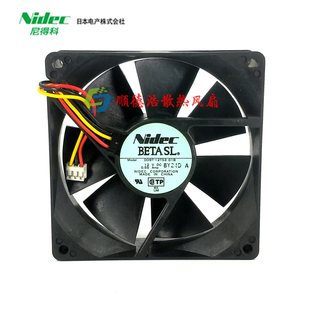 Ventilador de refrigeração do servidor Nidec 3-Wire, D09T-12TS3, DC 12V, 0.55A, 90x90x25mm