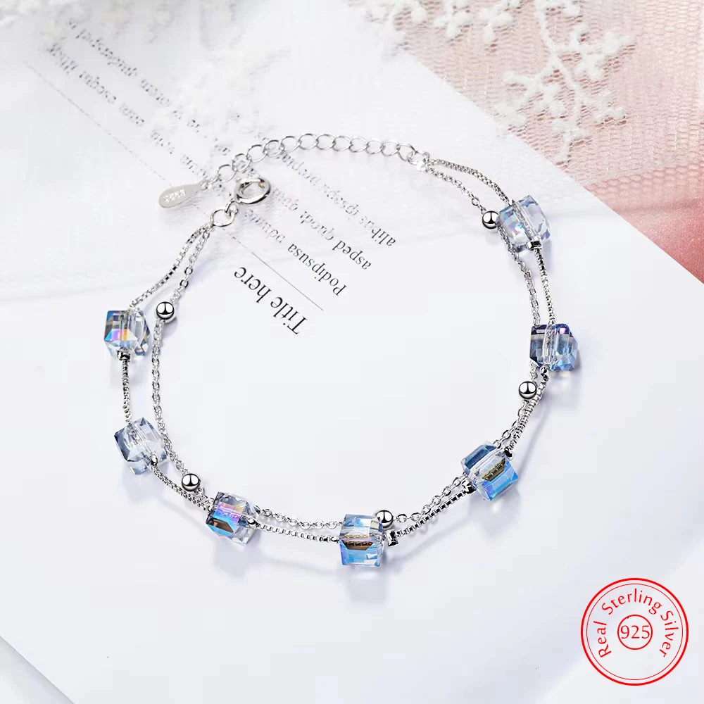

Pure 925 Sterling Silver Jewelry New Original Fashion Double Layers Chain Square Crystal Bracelet For Women FQL22082