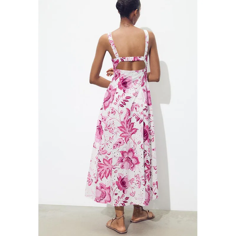 فستان نسائي صيفي جديد بحمالات عريضة وتطريز مفرغ وطباعة وياقة على شكل V، مناسب للشاطئ والعطلات، مصنوع من 00% ألياف البوليستر