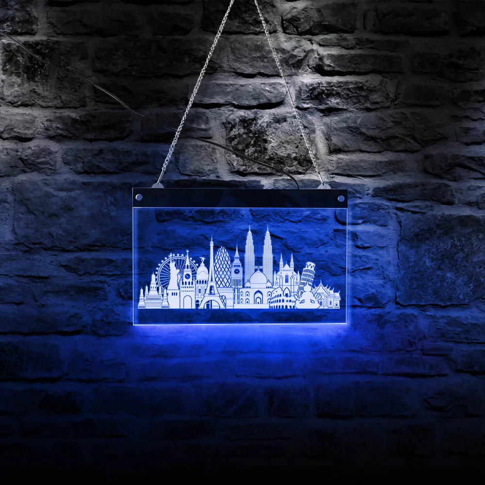 Worlds Skylines Architecture LED Sign Lights World Landmarks Multi-color LED Lighting Board Wall Art Travel Interior Home Decor