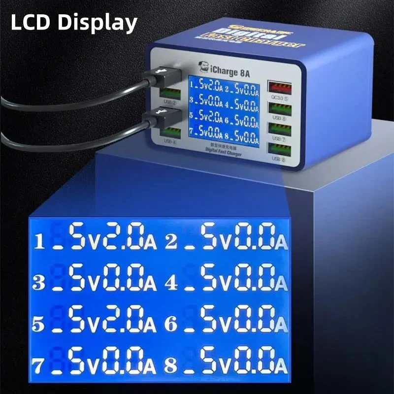 ช่าง iCharge 8A 8C USB Fast Charger 8 พอร์ตสมาร์ทดิจิตอลจอแสดงผล PD QC เดสก์ท็อปสถานีชาร์จโทรศัพท์ PC ซ่อม