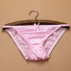 2pcs/lot  Sweet girl bow low waist female breathable sexy silk underwear briefs pure silk fork