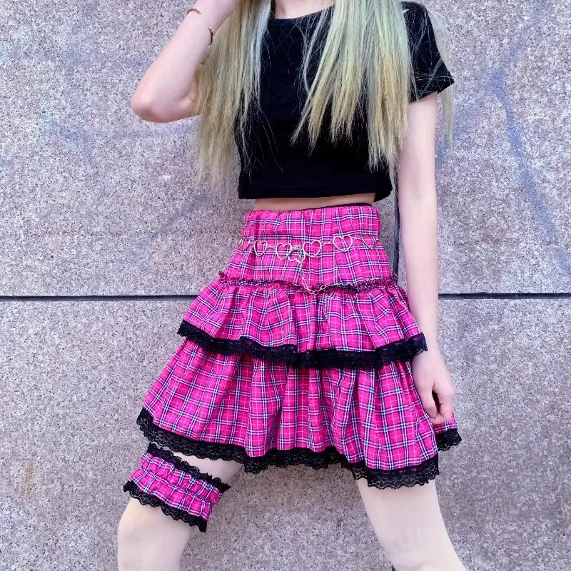 Summer Y2K Spicy Girl Rose Red Plaid Skirt Women 2024 New High Waist Lace Edge Spliced Sweet Cake Dress