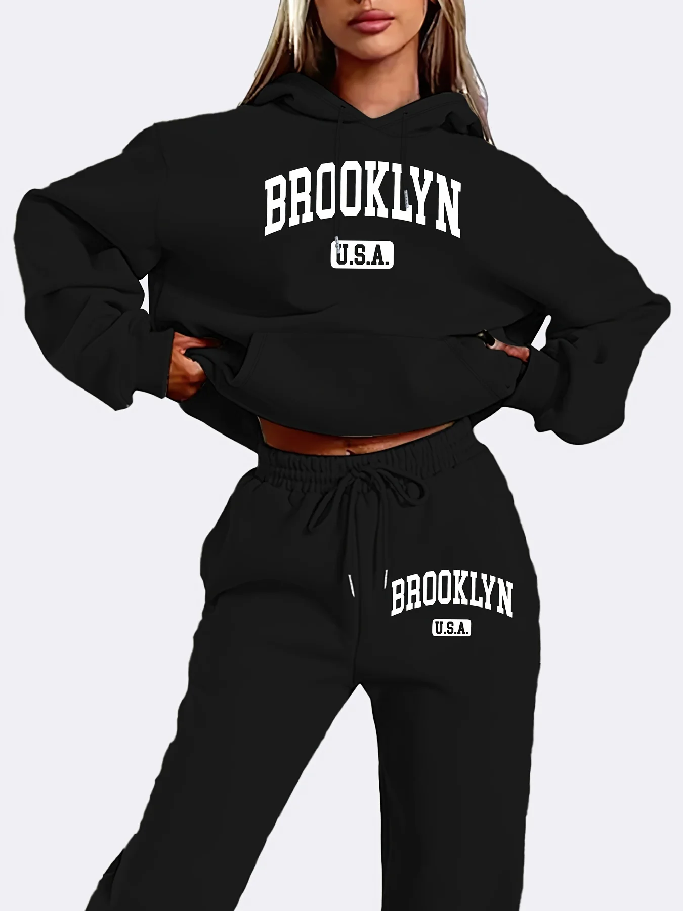 Conjunto de sudadera con capucha y pantalones de chándal con estampado de letras para mujer, manga larga, sudadera con capucha, conjunto casual de 2 piezas, ropa urbana, 2026