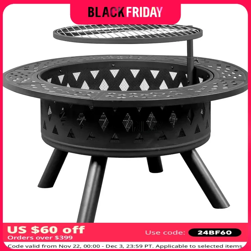 

Outdoor Fire Pit with Grill, Large Wood Burning Fire Pits with Swivel Cooking Grate, Poker, Log Grate, 38 Inch Round Firepit