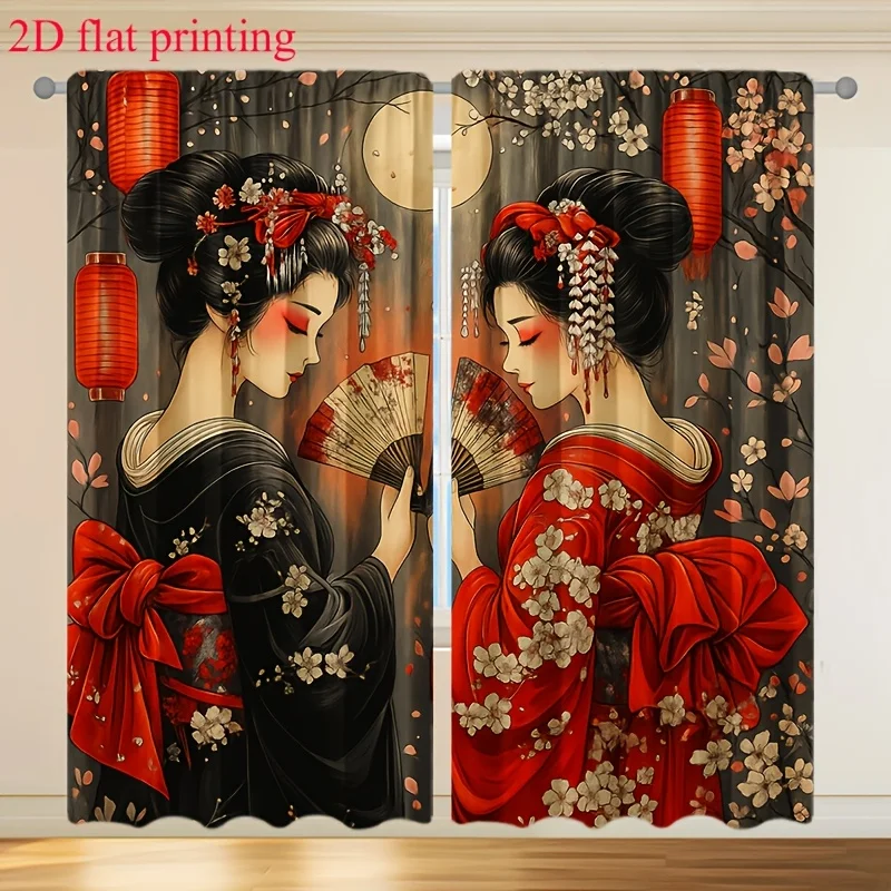 Japanese Geisha Curtain, Elegant Kimono Ladies with Fans and Red Lanterns, Cherry Blossom Night Scene Window Drapes