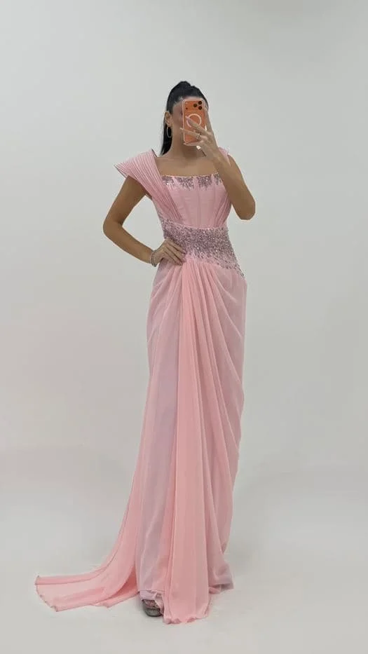 Customized Pink Sheath Chiffon Evening Dress Crystal Sequined Square Neck Cap Sleeve Draped Arabia Formal Wedding Party Gown