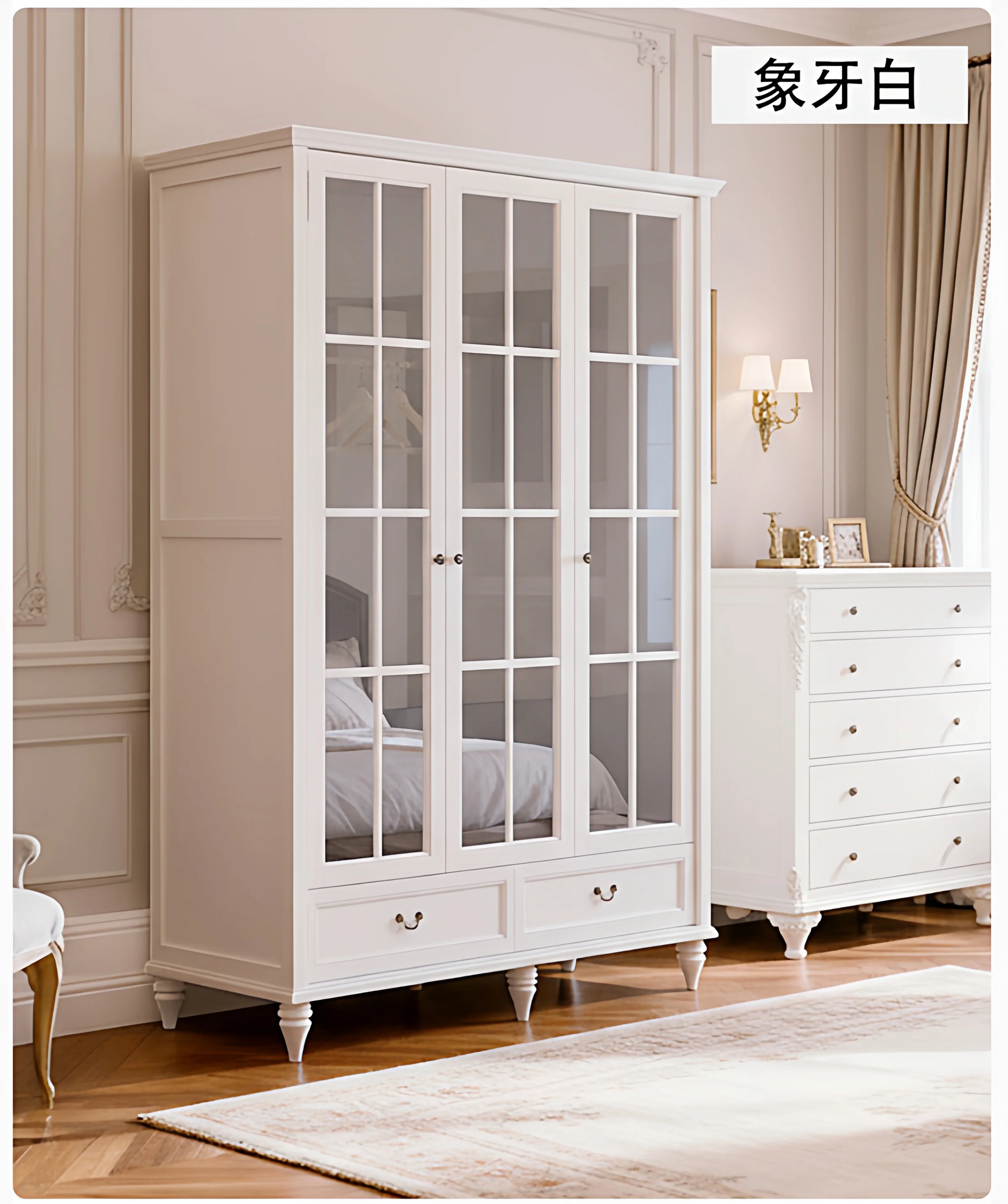CL pure solid wood double door wardrobe bedroom wardrobe 2 doors/3 doors retro premium gray storage storage hanging wardrobe