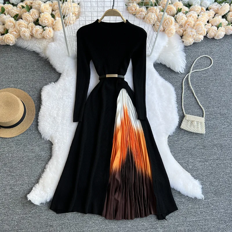 

Women Kintted Dresses Patchwork Dress Long Sleeve Round Collar Ankle Length Loose Elegant Casual Office Lady 2025 Autumn Winter
