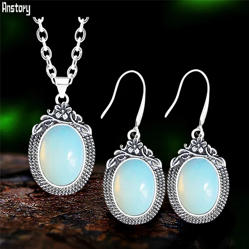 Vintage Flower Plant Pendant Synthetic Opal Ambers Jewelry Set For Women Antique Silver Plated Fashion Necklace Earring Jewelry